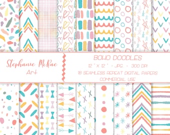 Boho Doodles Digital Paper Pack, Seamless Patterns (Digital Download)