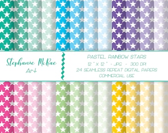 Pastel Rainbow Stars Digital Paper, Seamless Repeat (Digital Download)