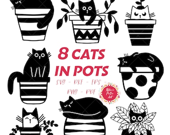 Può includere: Otto gatti neri in silhouette in varie pose sono all'interno di diverse piante in vaso. Il testo "8 Cats in Pots" è al centro dell'immagine.