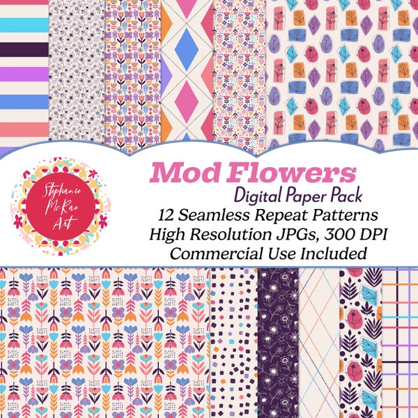 Mid Mod Groovy Floral Digital Paper Pack, Floral Patterns, Digital Download, Retro Patterns, Mid Mod Patterns