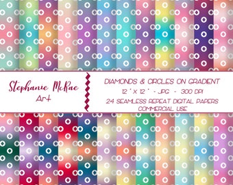 Diamonds in Circles on Gradient Background Digital Paper, Commercial Use, Digital Download, Rainbow Digital Paper