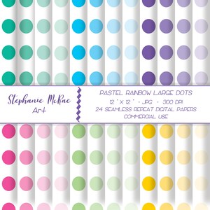 May include: A digital paper design featuring rows of large, pastel-colored dots in a rainbow of hues. The design includes text that reads "PASTEL RAINBOW LARGE DOTS" and "24 SEAMLESS REPEAT DIGITAL PAPERS". The artist's name, Stephanie McRae, is also visible.