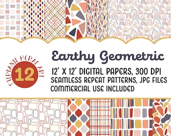Boho Geometric Digital Paper Pack, Earthy Patterns (Digital Download)