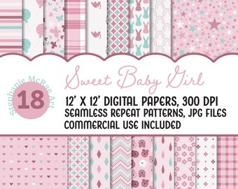 Cute Baby Girl Digital Paper Pack, Commercial Use Digital Paper, Digital Seamless Pattern, Baby Shower Papers