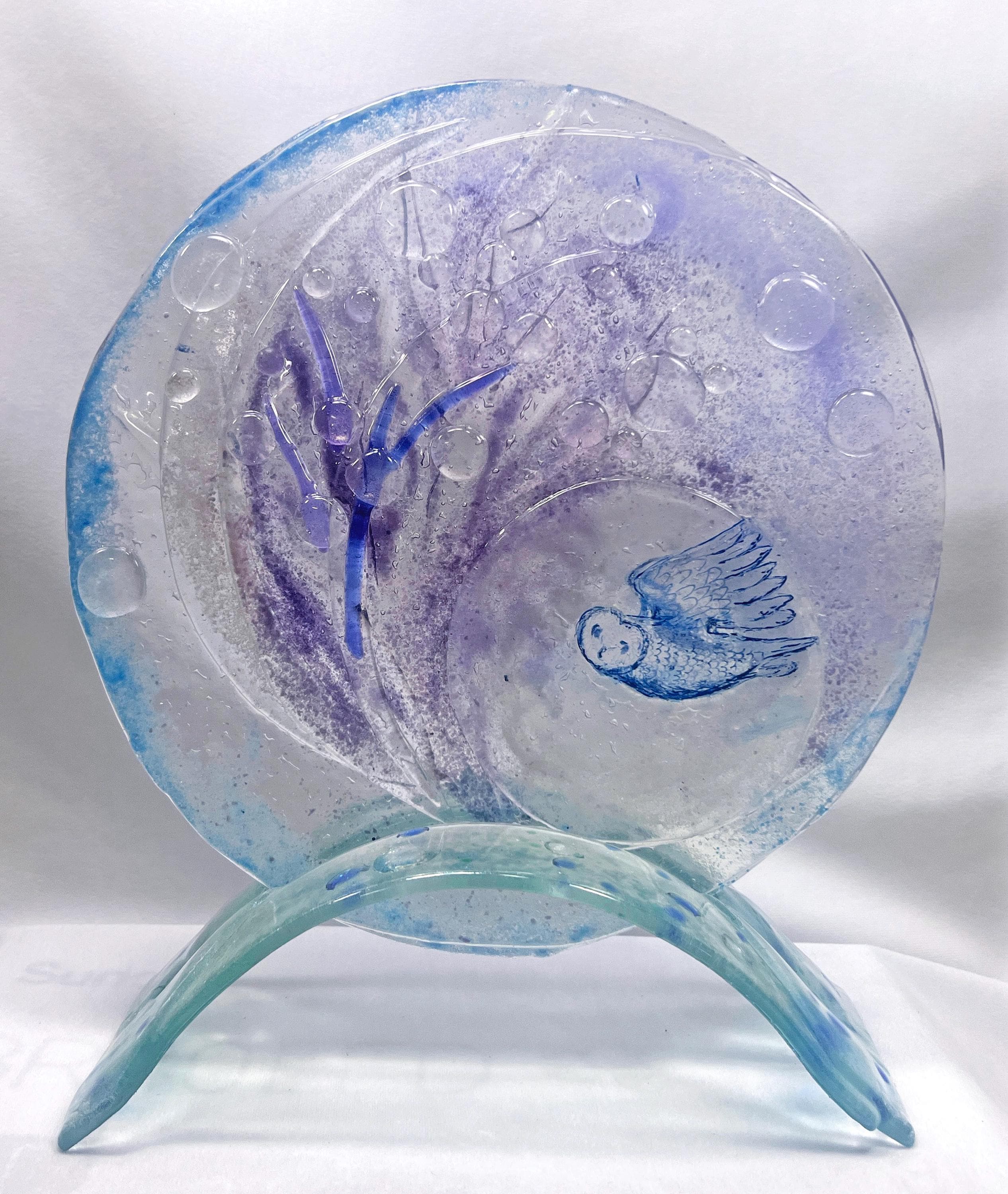 Owl Moon Embossed Panel 12 x 12.5 x 7 inches including curved glass stand