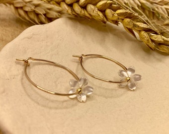May include: A pair of gold hoop earrings with delicate white flower charms. The earrings are displayed on a light brown surface.