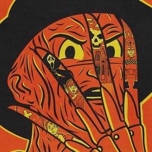 Può includere: Un poster che pubblicizza una retrospettiva in omaggio a Wes Craven al cinema Revue. Il poster presenta un'illustrazione stilizzata di Freddy Krueger della serie di film "A Nightmare on Elm Street". Il poster elenca i film che saranno proiettati, tra cui "The Last House on the Left", "A Nightmare on Elm Street", "The Serpent and the Rainbow", "Shocker", "The People Under the Stairs", "Wes Craven's New Nightmare" e "Scream".