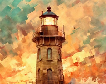 Vuurtoren - Afdrukbaar schilderij - Landschapscollectie - Digitaal schilderen Art Print, Wall Art Digital Download