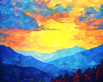 Bergen - Afdrukbaar schilderij - Landschapscollectie - Digitaal schilderen Art Print, Wall Art Digital Download