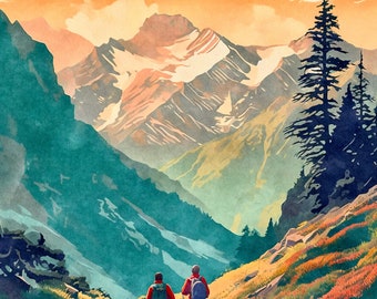 May include: Two people hike along a trail in a mountain landscape. The sky is a vibrant orange and yellow, with a snow-capped mountain in the distance. The trail is lined with green grass and rocks.