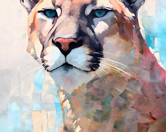 May include: A watercolor painting of a cougar with blue eyes, looking directly at the viewer. The cougar is painted in shades of brown, orange, and white, with a light blue background.