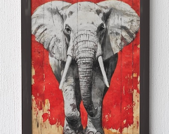 May include: A framed painting of an elephant with a red and brown background. The elephant is facing the viewer and has a white body with gray details. The background is a distressed wood texture with red paint splatters.