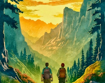 May include: Two people hike along a path in a mountain valley. The sun is setting behind them, casting a warm glow over the landscape. The mountains are green and rocky, and the sky is a mix of orange, pink, and yellow.