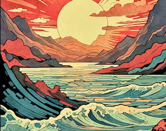 Peaceful Calm Ocean - Afdrukbaar schilderij - Landschapscollectie - Digitaal schilderen Art Print, Wall Art Digital Download