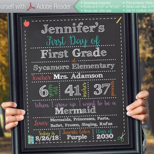 May include: A black chalkboard sign with a colorful design for a first day of school. The sign says "Jennifer's First Day of First Grade at Sycamore Elementary Teacher: Mrs. Adamson" and includes the child's age, height, and weight. The sign also includes the child's favorite things, favorite color, and class of 2030.