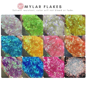 May include: Assortment of 12 colors of iridescent mylar flakes. Solvent resistant, color will not bleed or fade.