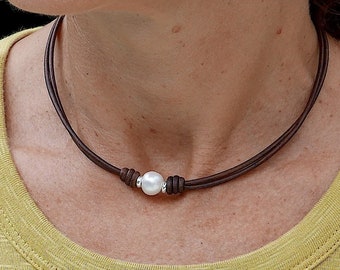 Brown leather, freshwater pearl and sterling silver choker necklace for women, dainty bohemian jewelry, cool handmade birthday gift for her