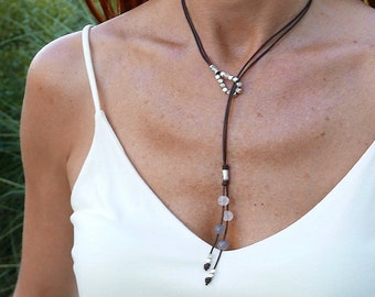 Leather lariat necklace for women with quartz gemstones, handmade with genuine brown leather, cool boho jewelry birthday gift for her