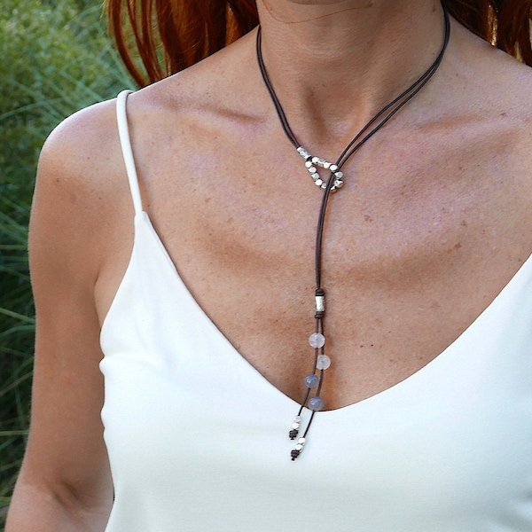 Leather lariat necklace for women with quartz gemstones, handmade with genuine brown leather, cool boho jewelry birthday gift for her