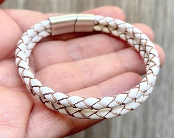 White braided bracelet handmade with genuine bolo cord and stainless steel clasp, great women's gift idea
