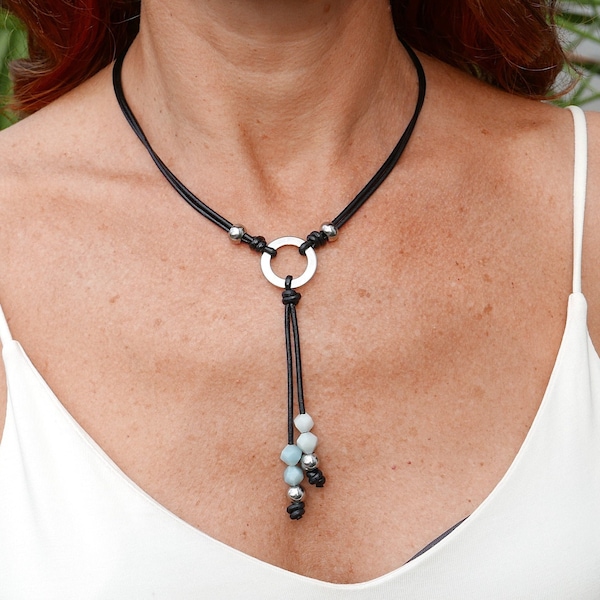 Dainty black Y necklace for women handmade with genuine leather and amazonite gemstones, delicate jewelry Christmas gift idea for mom