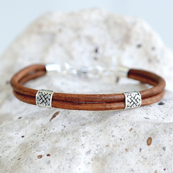 Cool genuine leather bracelet handmade with 925 sterling silver Celtic knot, unique simple cuff, nice jewelry gift idea for men and women