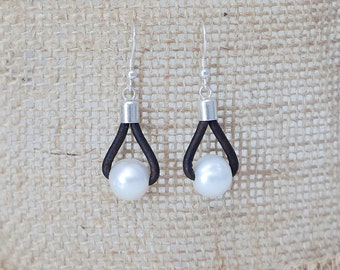 Dainty dangle tear drop leather earrings handmade with genuine freshwater pearls and 925 sterling silver, delicate simple bohemian jewelry