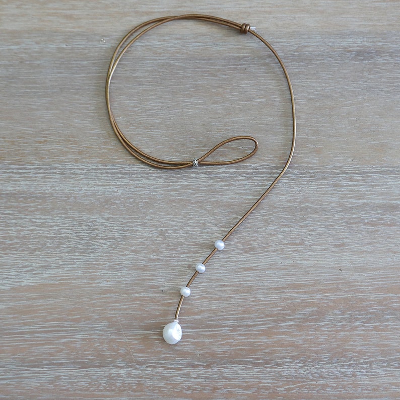Dainty adjustable length lariat drop necklace handmade with genuine bronze leather, large freshwater pearl and 925 sterling silver image 6