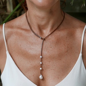 Dainty adjustable length lariat drop necklace handmade with genuine bronze leather, large freshwater pearl and 925 sterling silver image 2