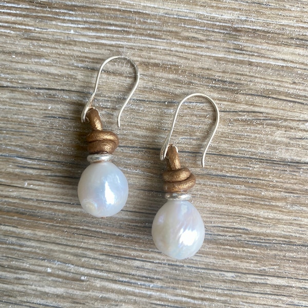 Dainty dangle leather earrings handmade with genuine freshwater pearls and 925 sterling silver, delicate simple bohemian jewelry gift idea