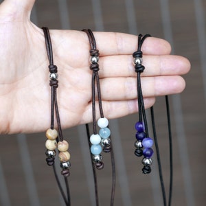 Boho lariat necklace for women handmade with natural gemstones and genuine leather, great gift for mom
