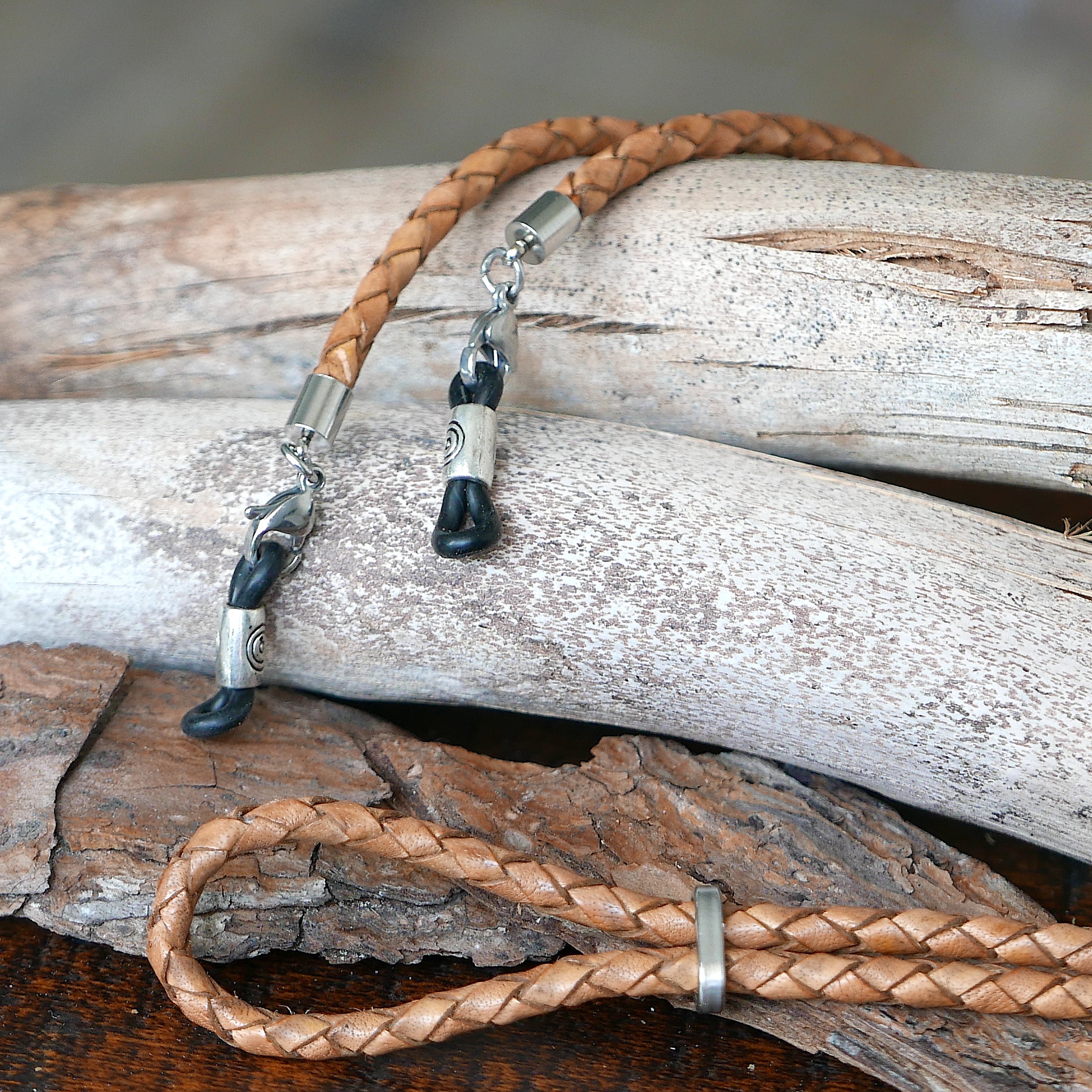 Glasses holder chain handmade with genuine 4mm braided leather and stainless steel: Adjustable length