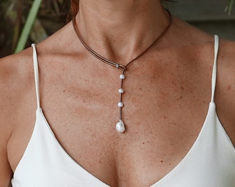 Dainty adjustable length lariat drop necklace handmade with genuine bronze leather, large freshwater pearl and 925 sterling silver