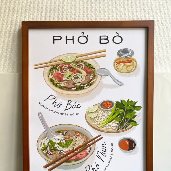 Phở Bò poster, Vietnamese soep, Vietnamese keuken, culinaire kunst, wanddecoratie, Aziatisch eten