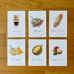 Cartes Food Vietnamienne :  Cà phê, Phở bò, Bánh mì chả lụa, Chè chuối, Sầu riêng, Chôm chôm - petites affiches format carte postale