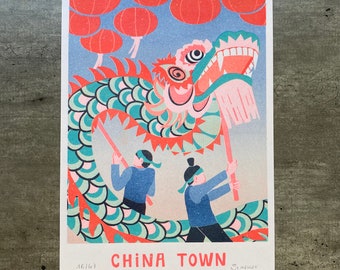 China town A4 risography poster / poster / decoration / illustration / dragon / China / Lunar new year