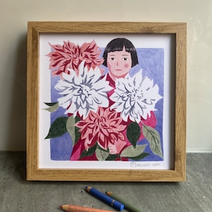Illustration Das Mädchen mit Chrysanthemen – 20 x 20 cm – Dekorationsposter – Filzstift und Buntstift