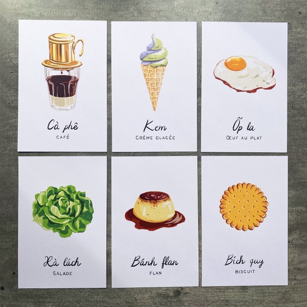 Food illustration cards 10 x 15 cm - Vietnamese / French - decoration - bookmark
