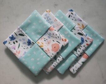 Colorful Floral and Sky Blue Polka Dot Coasters - Set of 4 Coasters - Fabric Coasters - Decor - Summer Decor - Handmade Gift - Housewarming