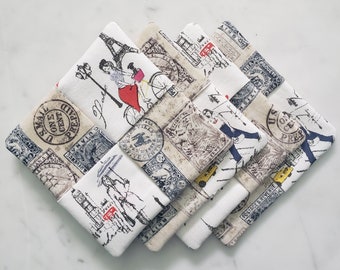 Traveling Girls and Passport Stamp Coasters - Set of 4 Coasters - Fabric Coasters - Decor - Handmade Gifts - Drinkware - Housewarming