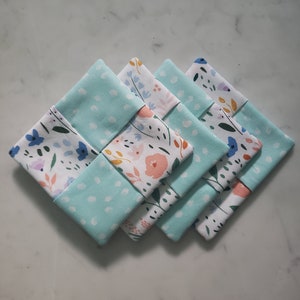 Colorful Floral and Sky Blue Polka Dot Coasters - Set of 4 Coasters - Fabric Coasters - Decor - Summer Decor - Handmade Gift - Housewarming