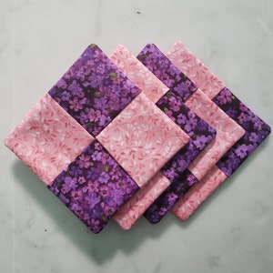 Purple and Pink Floral Coasters - Set of 4 Coasters - Fabric Coasters - Summer Decor - Flowers - Home Decor - Handmade Gifts - Drinkware