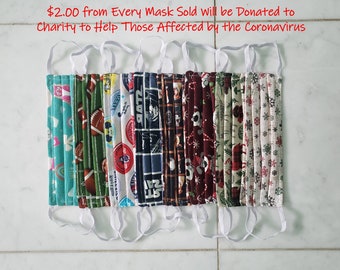 May include: A row of eight colorful fabric face masks with different patterns, including footballs, stars, and snowflakes.  $2.00 from every mask sold will be donated to charity to help those affected by the coronavirus.