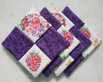 Costas de Frutas Florales y Uva Púrpura - Conjunto de 4 posavasos - Posavasos de tela - Decoración - Decoración de primavera - Flores - Regalo hecho a mano - Housewarming