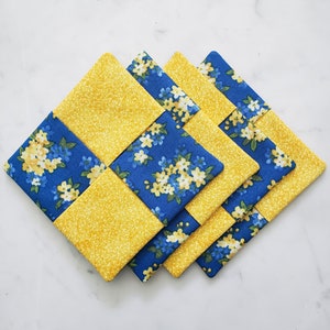 Bright Blue Floral and Yellow Vine Coasters - Set of 4 Coasters - Fabric Coasters - Spring Decor - Floral - Handmade Gifts - Housewarming