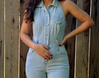Vintage 80's Cherokee Sleeveless Collared Light Wash Denim Jumpsuit Romper - Size 5 - AS IS