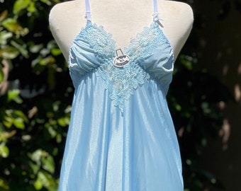 Deadstock Vintage Baby Blue Floral Lace Cinched Bust Sheer Sleeveless Lingerie Dress - As Is - Size XL