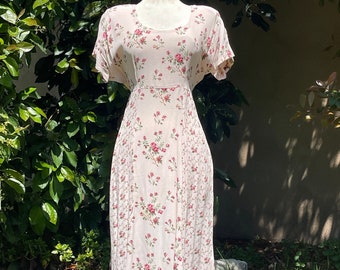 90's Vintage Baby Pink Floral Print Short Sleeve Tie-Waist Long Casual Dress - Size M - As Is