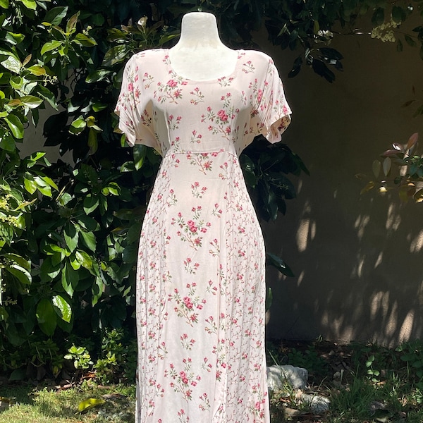90's Vintage Baby Pink Floral Print Short Sleeve Tie-Waist Long Casual Dress - Size M - As Is