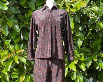 Vintage Textured Abstract Print Long Sleeve Button Up Blouse and Pants Two-Piece Set - Size M - As Is